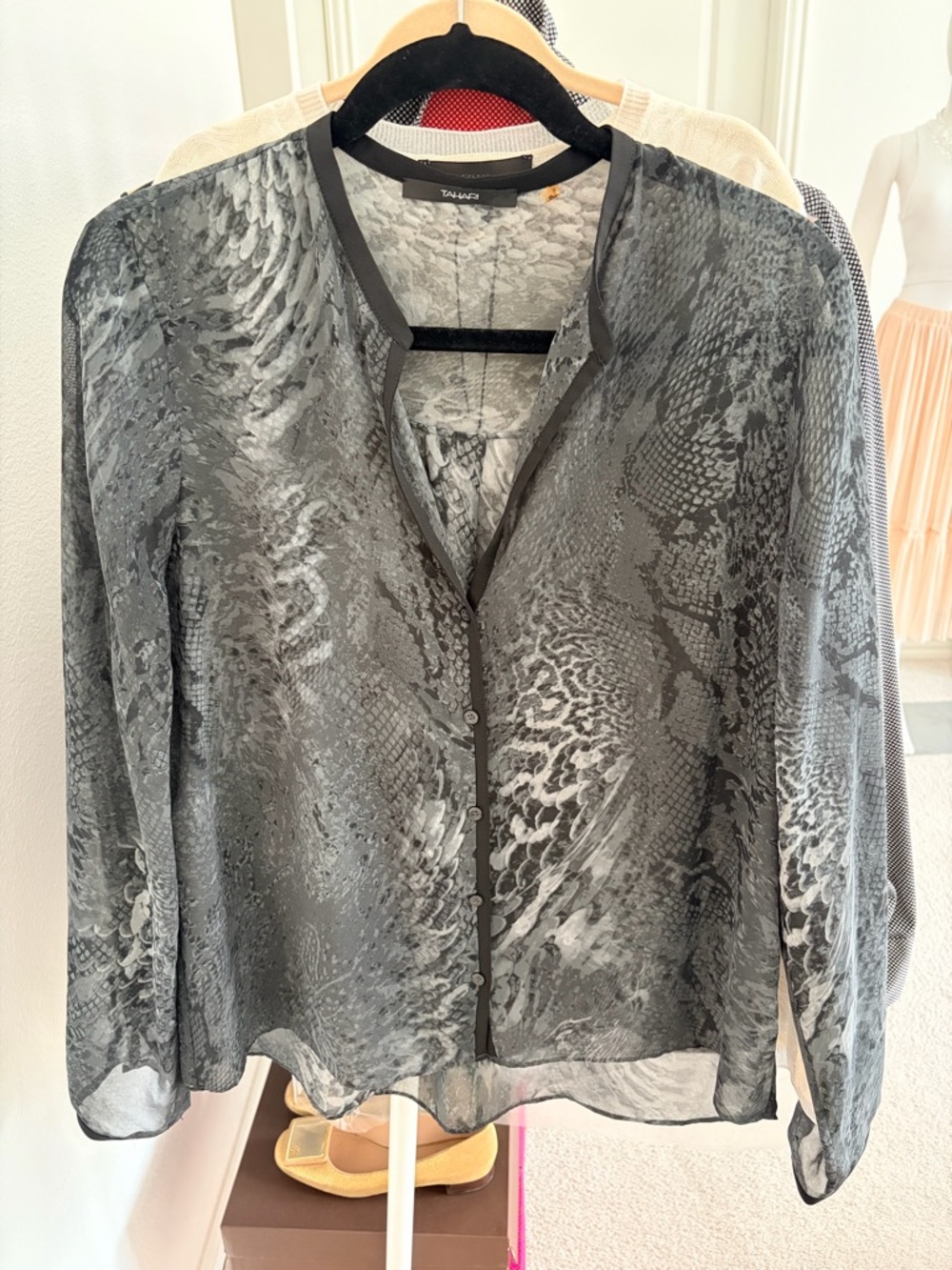 NWOT Tahari Black and Gray Sheer Snake-Print Blouse Size Medium